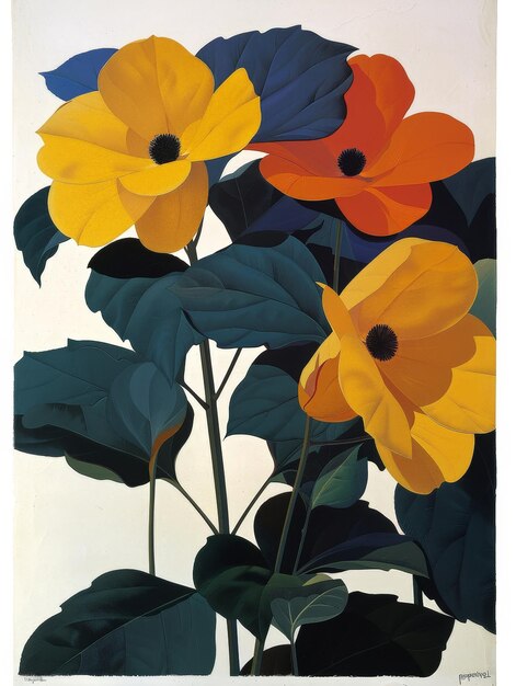 Three Yellow and Orange Flowers with Dark Green Leaves on a Light Background