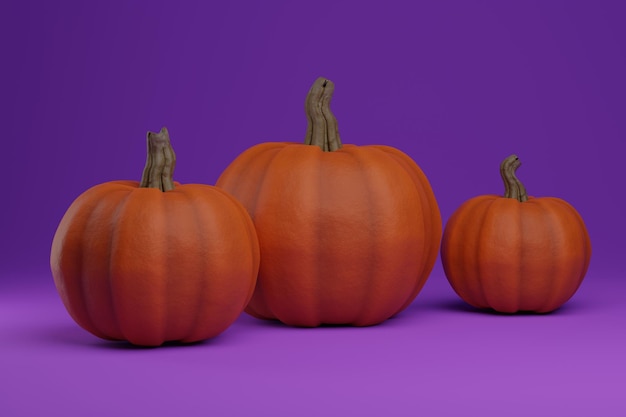 Three yellow pumpkins on a purple background 3D render