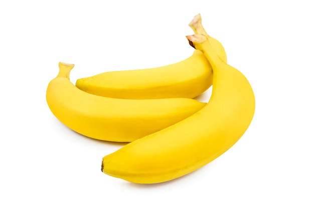 Three yellow ripe Delicious bananas on a white background