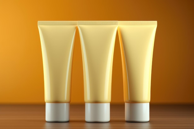 Three yellow tubes of hand cream Presentation of cosmetics on yellow background Cosmetic product