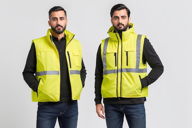 Photo three yellow vests on white background