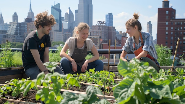 Photo three young adults tending a rooftop garden in an urban setting