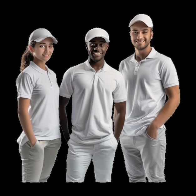 Photo three young adults in white outfits posing together