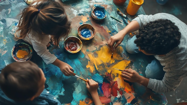 Photo three young artists paint together focused on their colorful artwork