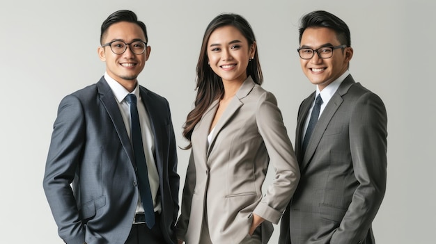 Three young Asian professionals in business suits posing confidently in a studio