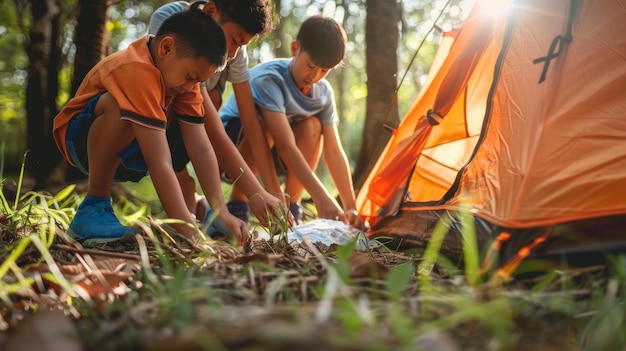 Photo three young boy scouts work together to set up a tent in the woods