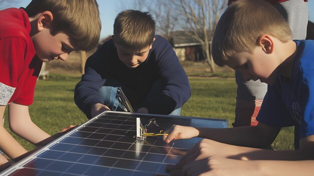 Photo three young boys work together on a science project involving solar panels