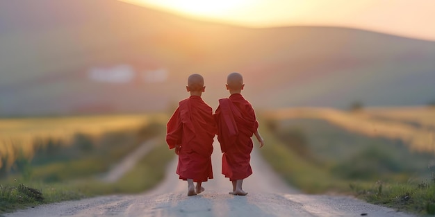 Three young Buddhist monks in countryside setting centered professional photo copy space selective focus Concept Buddhist Monks Countryside Setting Professional Photo Copy Space Selective Focus