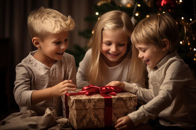 Three young children opening a gift box in front of a christmas tree