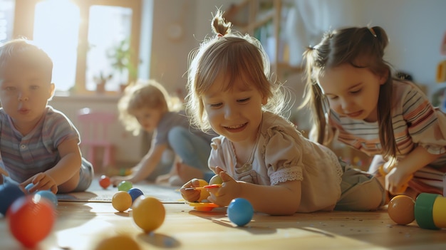 Photo three young children play together on the floor surrounded by colorful toys they are