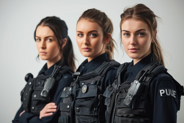 Three young female police officers in uniform confidently facing the camera