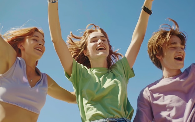 Photo three young friends celebrating and having fun under a clear blue sky