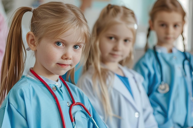 Photo three young girls dressed in green scrubs pose for a picture