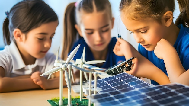 Photo three young girls examine a model of solar and wind power