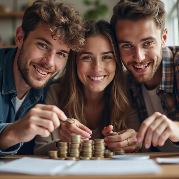 Three young man and woman with hipster style counting and comparing their savings with stack of coin