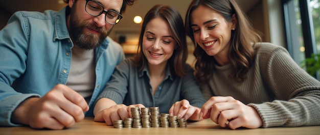 Three young man and woman with hipster style counting and comparing their savings with stack of coin