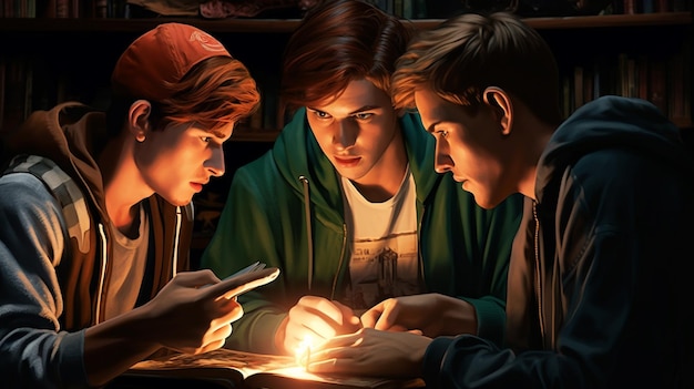 Three young men looking at a tablet through a laptop screen, education stock images