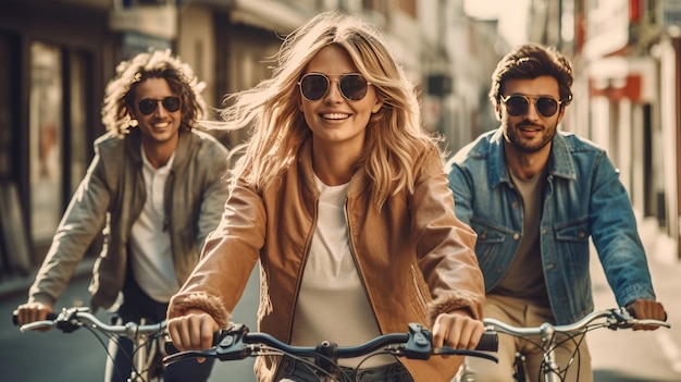 Three young people having fun cycling down the street Male and female friends on road with their bikes Travel concept Generative Ai