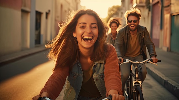 Three young people having fun cycling down the street Male and female friends on road with their bikes Travel concept Generative Ai