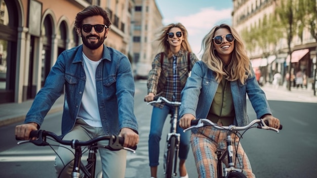 Three young people having fun cycling down the street Male and female friends on road with their bikes Travel concept Generative Ai