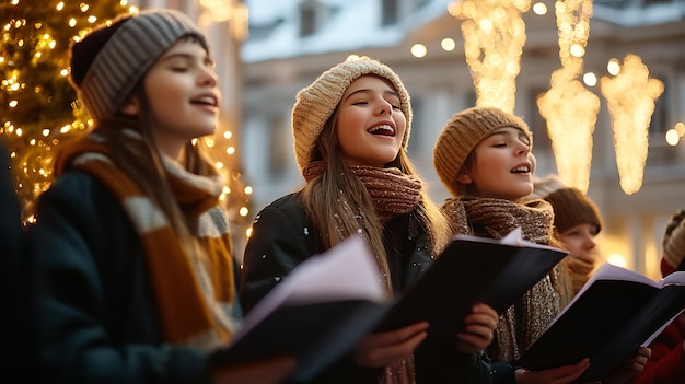 Three young people sing carols from sheet music looking up at the lights in the evening