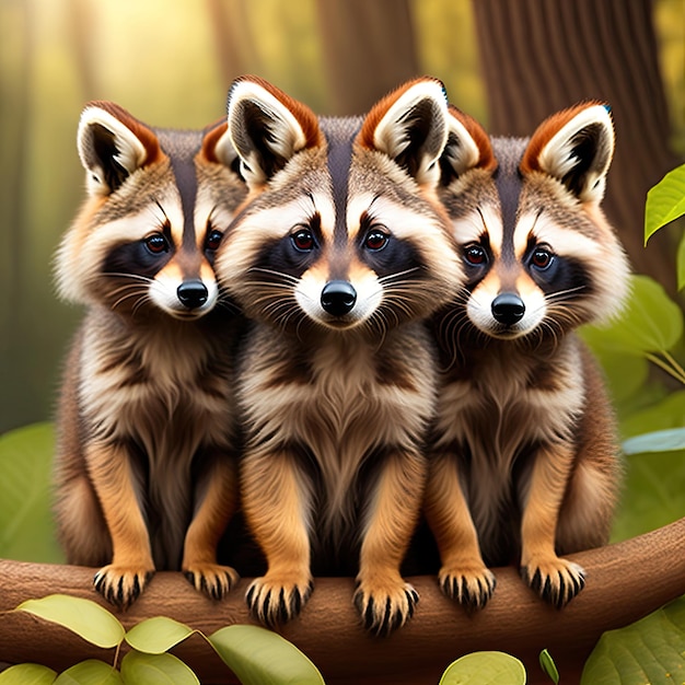 Three young raccoons lock at camera Digital artwork