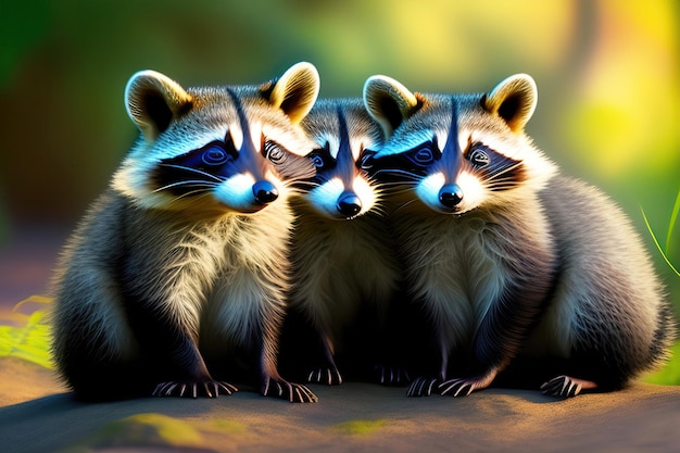 Three young raccoons lock at camera Digital artwork