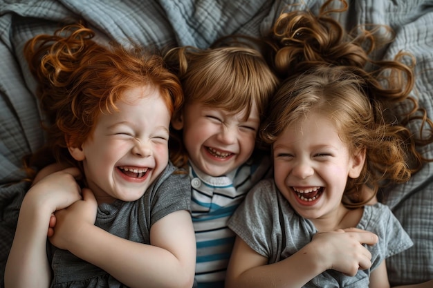 Photo three young siblings laugh together lying on a blanket as their parents capture a candid family photo siblings laughing together in a family photo