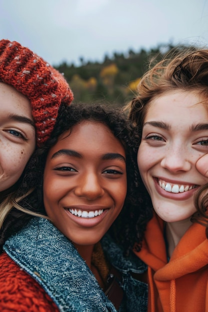 Three young women are happily posing for a photo together on a beautiful autumn day