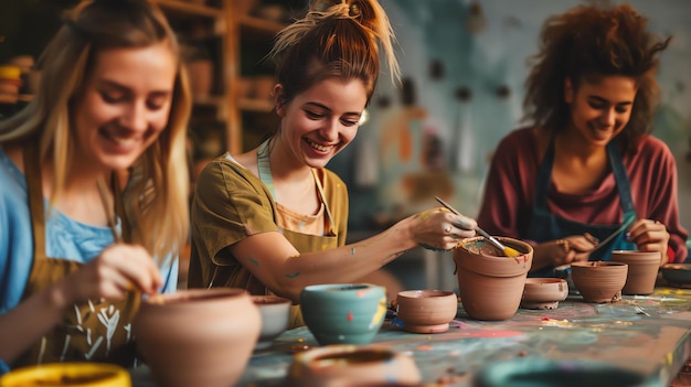 Photo three young women are having fun painting pottery in a studio they are all smiling and laughing enjoying their time together