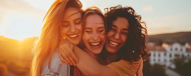 Three young women are hugging and giggling on a hilltop at sunset