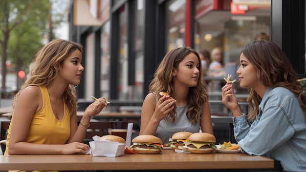 Three young women are sitting at a table outside a restaurant eating burgers and talking