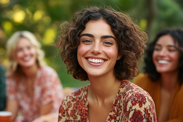 Photo three young women enjoying an outdoor gathering in nature smiling happily