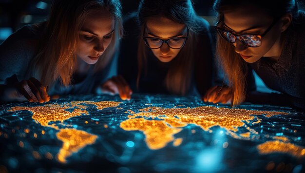 Photo three young women examining a glowing world map