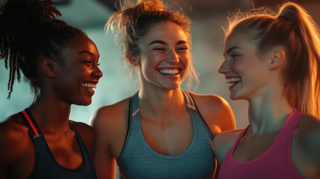 Photo three young women laughing together in a gym during an evening workout session focused on fitness and camaraderie