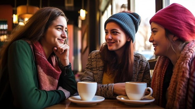 Three young women sip coffee at a cafe Generative AI