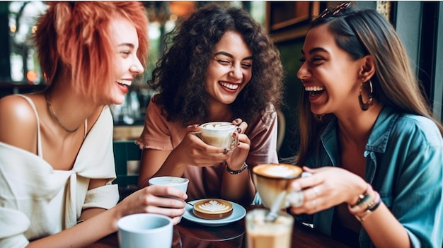 Three young women sip coffee at a cafe Generative AI