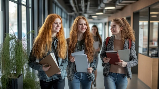 Photo three young women walking through a modern university hallway