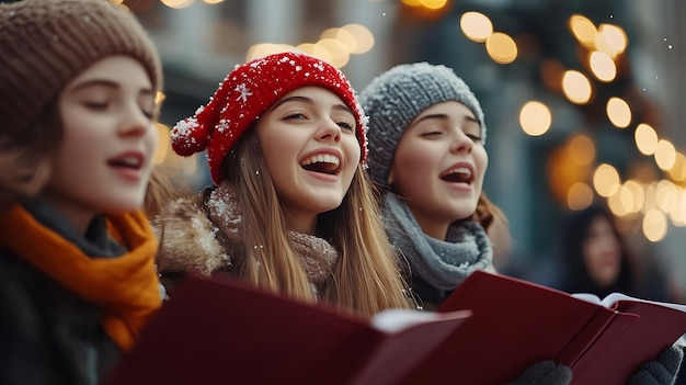 Three young women in winter clothing wearing beanies and scarves sing from songbooks outdoors in the snow