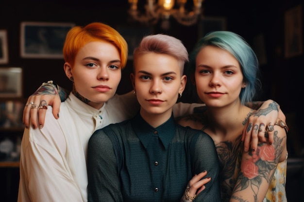 Three young women with tattoos and vivid colors short hair in an office Generative AI AIG21