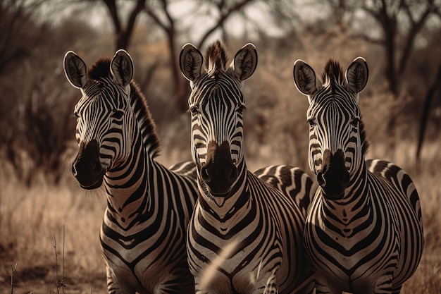 Three zebras are sitting in the grass and one is looking at the camera.