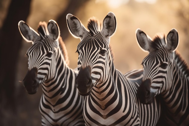 Three zebras stand in a line, one of them is looking at the camera.