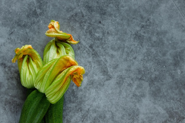 Three zucchini flowers piled on a stone background