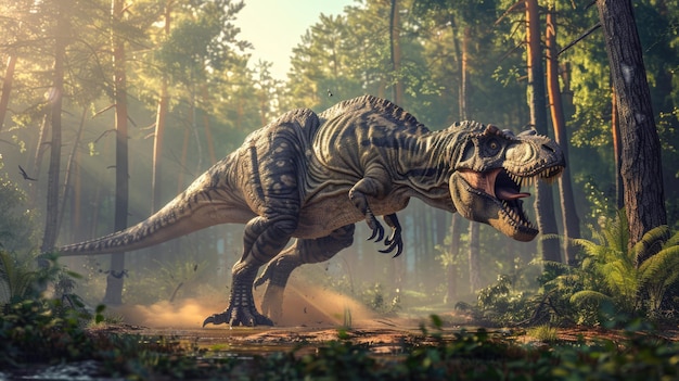 ThreeDimensional Carnotaurus Illustration An Attacking Carnivore Hunting in a Cretaceous Forest