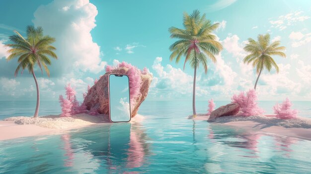 Threedimensional rendering of creative summer beach on smartphone with blue background