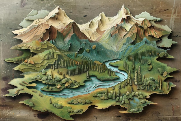 A threedimensional topographic map sculpture with multiple layers showcasing mountains a river and forested areas