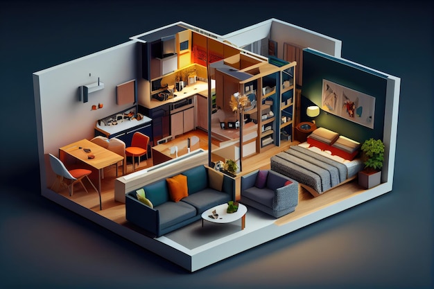 Threedimensional view of modern apartment with furniture and gadgets in the foreground