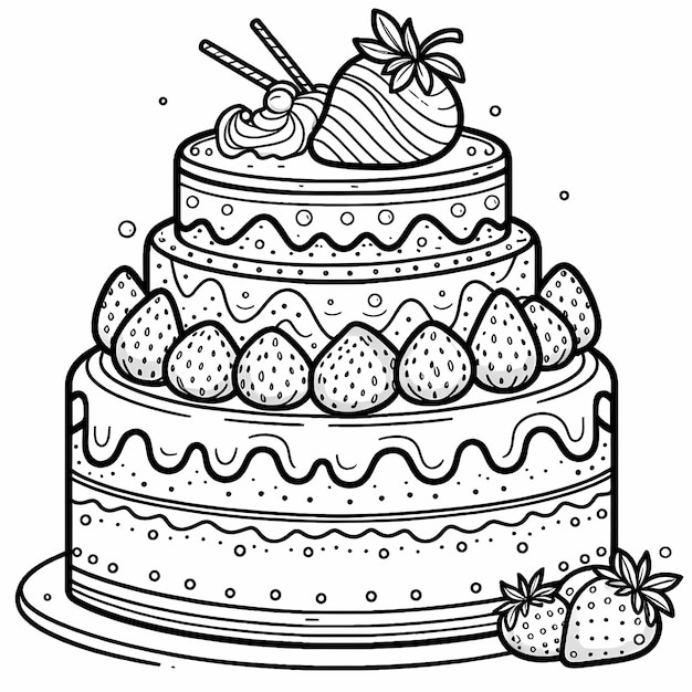 A threelayered cake with frosting and a decoration on top coloring page