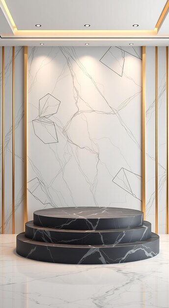 Threetier black marble podium on white marble floor with gold accents