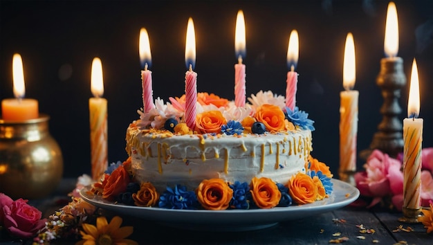 Threetiered birthday cake with burning candles